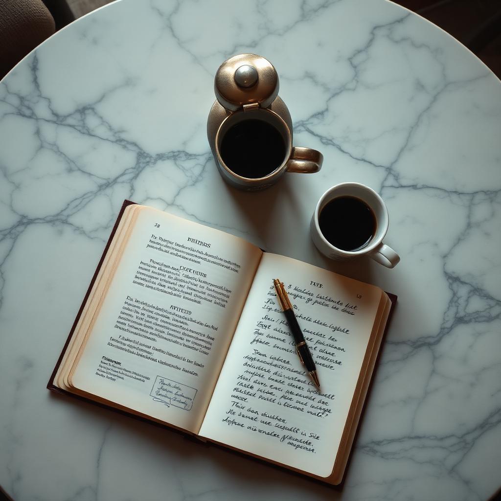 Ein Wiener Kaffeehaustisch mit einem deutschen Notizbuch und Espresso